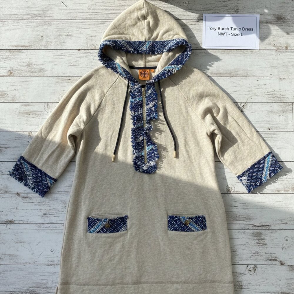 Tory Burch Tweed - Trim Hooded Tunic Dress - Size L - Beige/Blue